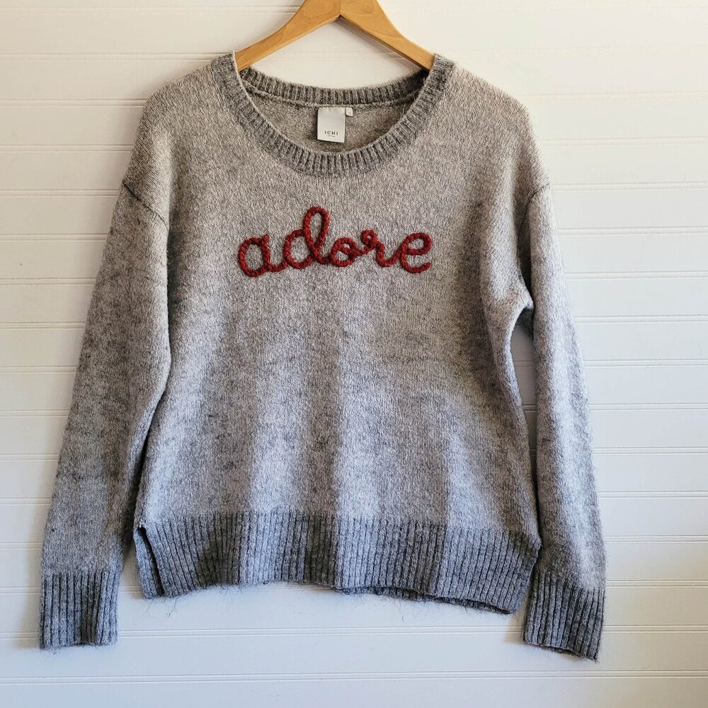 Ichi Sweater Womens M Grey Adore Embroidery Alpaca Blend Puffy Letters Slouchy